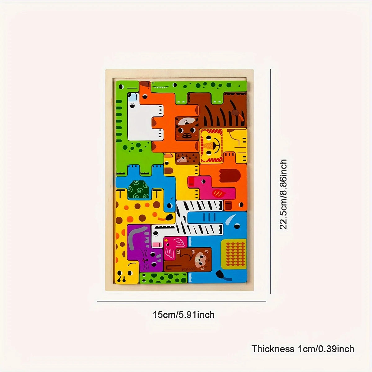 A wooden tangram puzzle set featuring various animal, vehicle, and sea life shapes in bright colors.