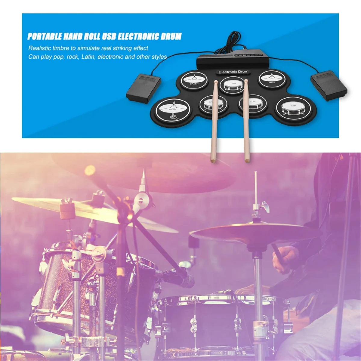 Foldable Silicone Electronic Drum Pad with Drumsticks and Sustain Pedals