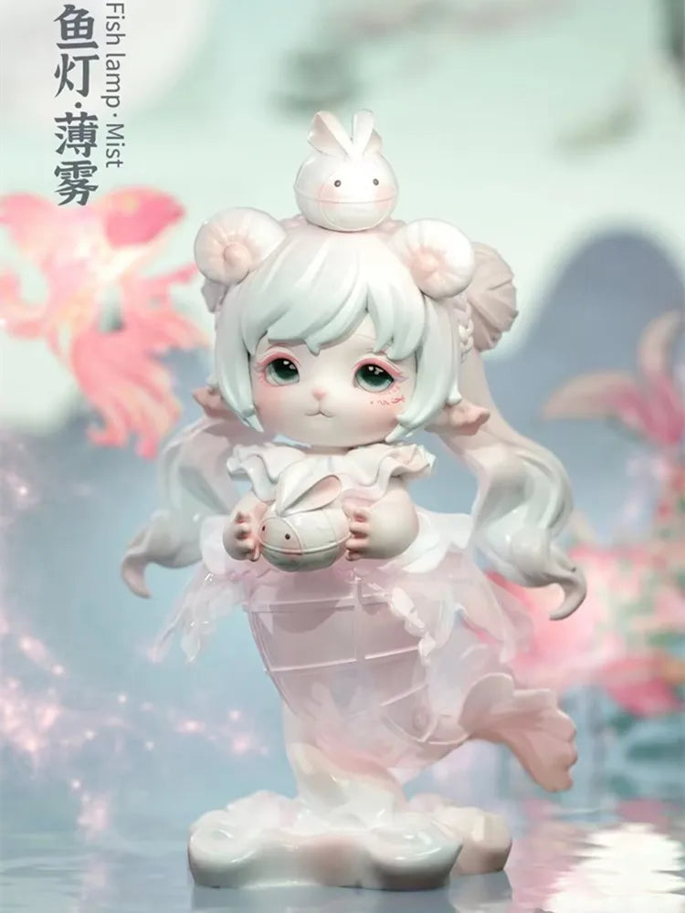 A white collectible figurine of a girl with pink hair and rabbit ears, holding a small white egg.