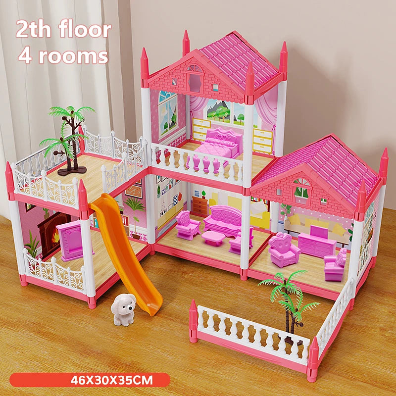A pink and white miniature castle and villa playset with multiple rooms and stairs for children.