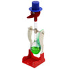 A red and blue drinking bird toy with a glass bulb, designed as perpetual motion desk decor.