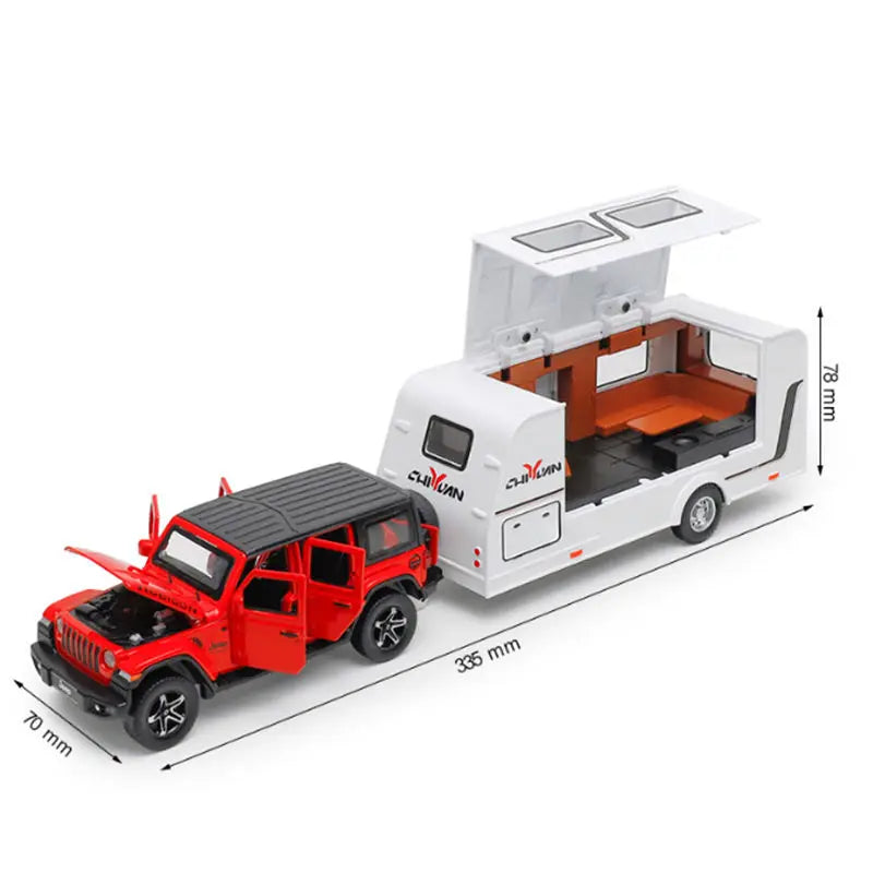 A red diecast metal RV camper truck model with a white storage box and interior visible.