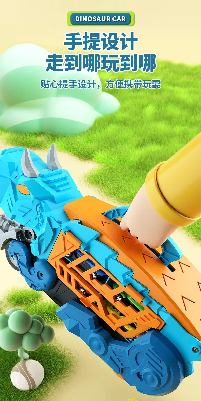 A blue and orange dinosaur transport truck toy set with transforming die-cast cars is shown in a close-up view against a gree