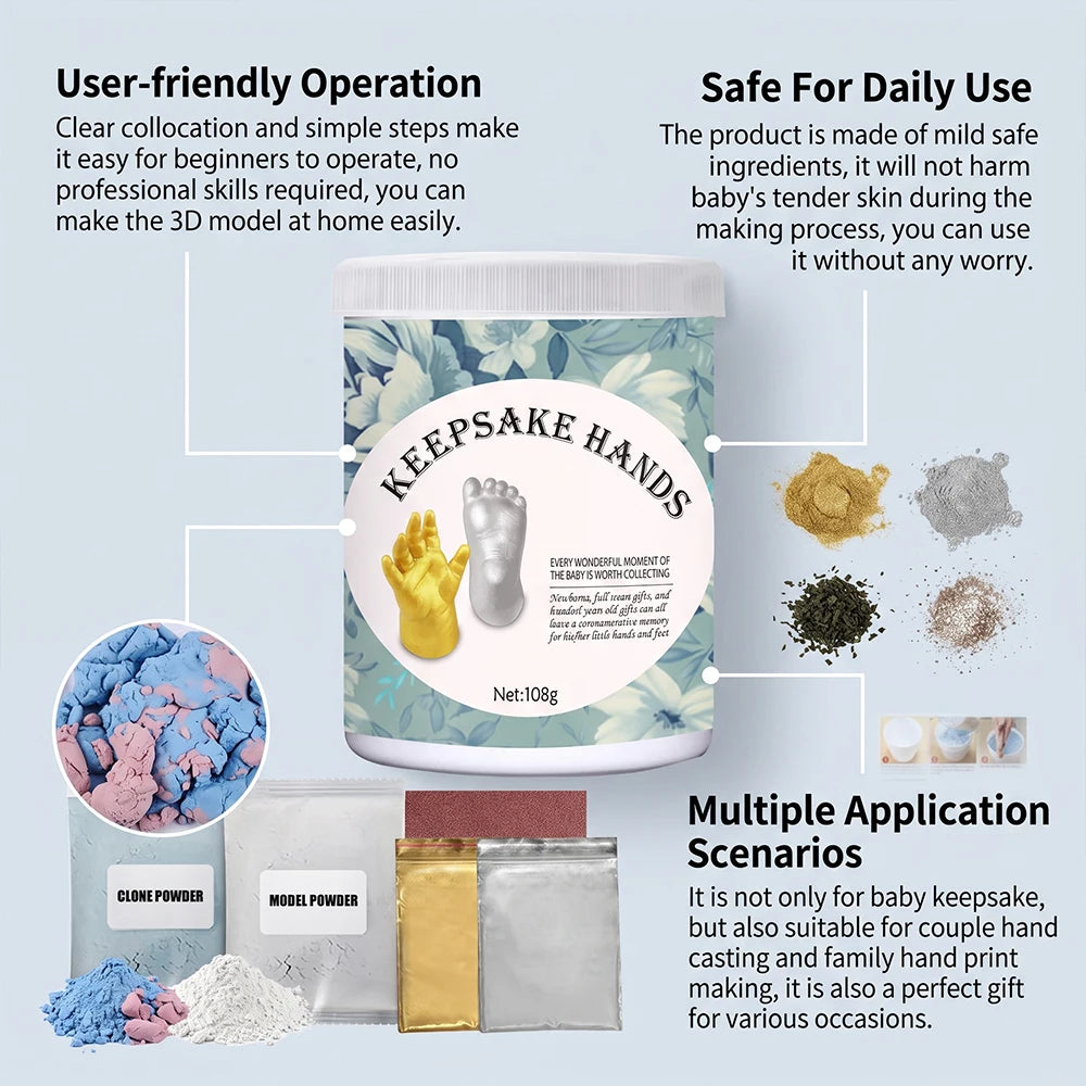 A jar of keepsake hands with various powders and molds for 3D hand casting