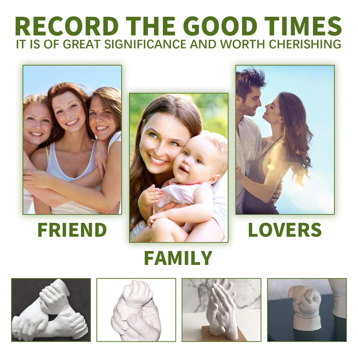 A set of three 3D hand casts showing a friend, family, and lovers pose, used for creating keepsakes.