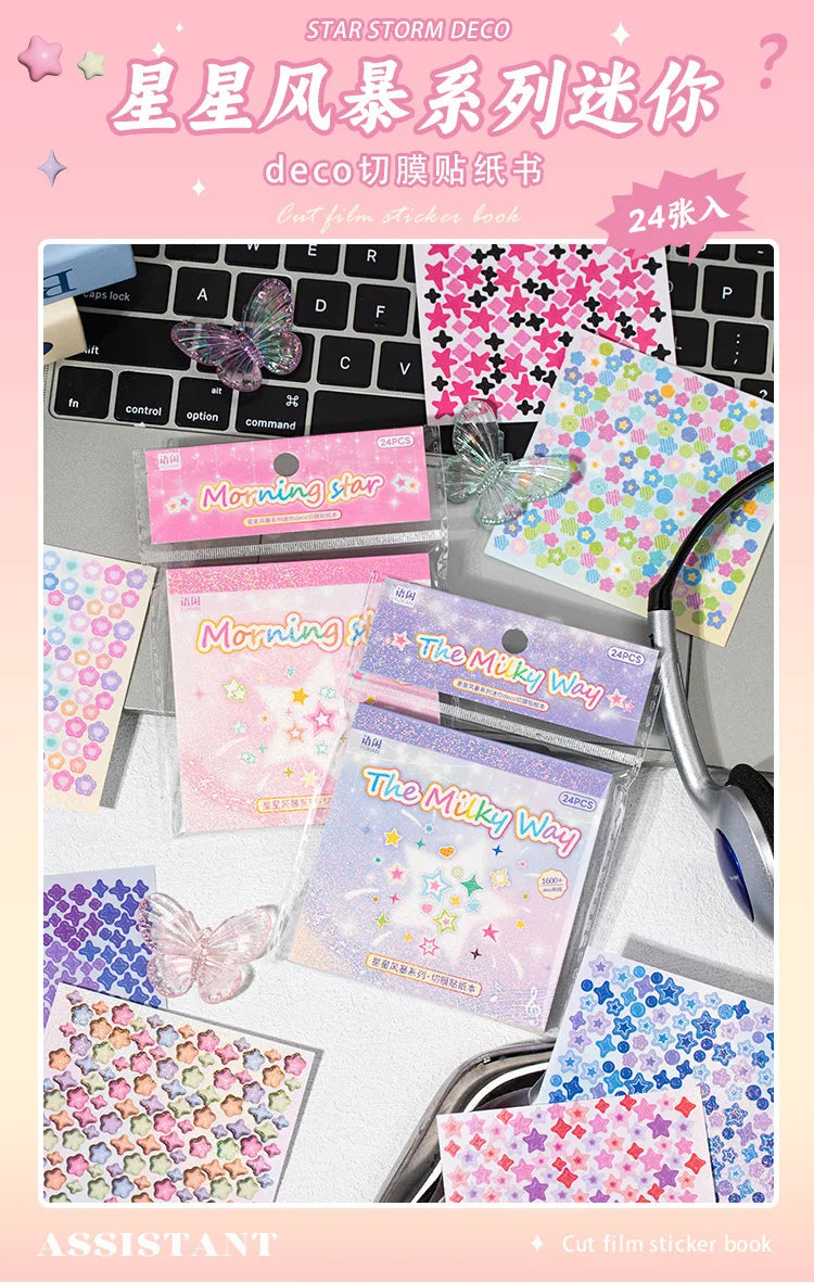 A collection of pink and purple cut film stickers in a book featuring butterfly and starry designs for scrapbooking