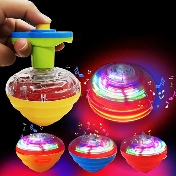 A hand holds a clear glass spinning top toy that lights up with colorful flashing lights.