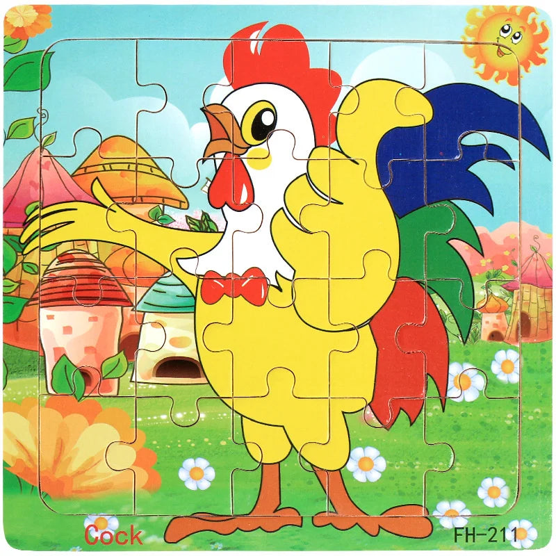 A jigsaw puzzle depicting a yellow rooster standing in a green field with various houses and plants.