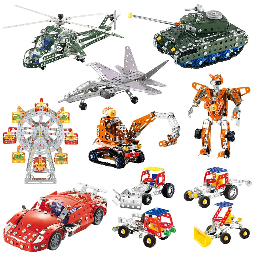 A collection of metal engineering vehicle building kits including a helicopter, fighter plane, tank, and various cars and tru
