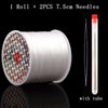A roll of white elastic beading cord with two 7.5cm needles and a clear tube.
