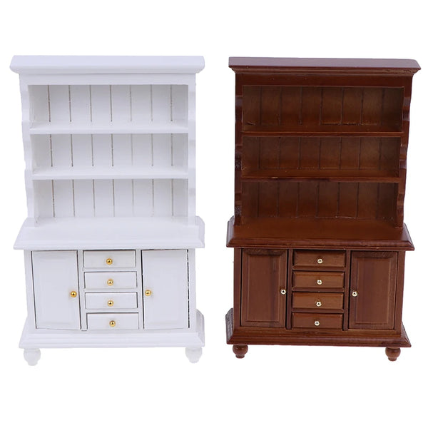 A white wooden furniture cabinet with shelves and drawers, next to a dark brown wooden cabinet.