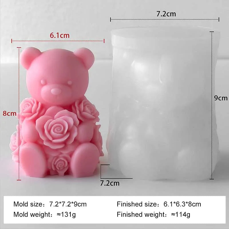 Pink silicone mold of a bear with rose details used for DIY crafts
