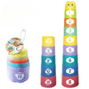 A set of colorful stacking cups featuring numbers, letters, and shapes for educational play.