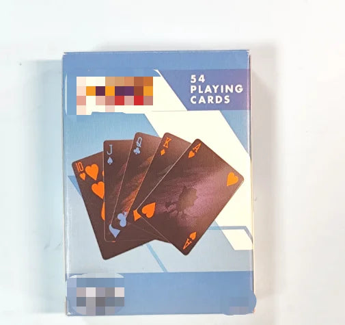 A box of 54 playing cards featuring a purple and gold design for parties and game nights.