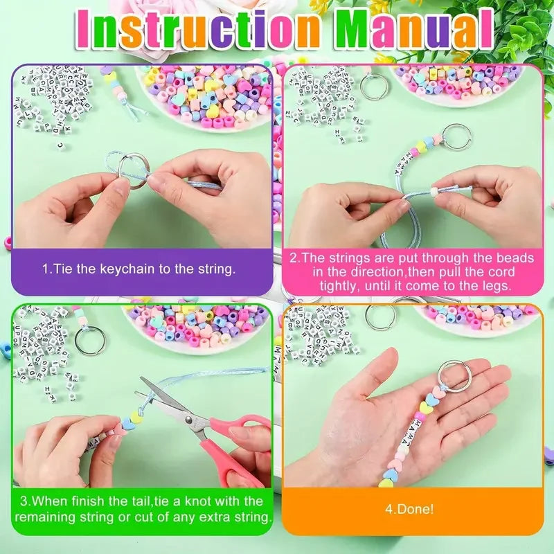 Instruction manual showing steps for making a beaded keychain with letter charms