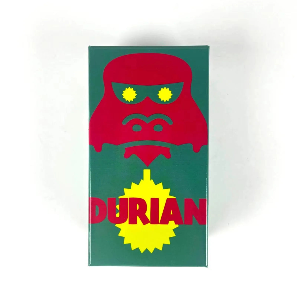 A green box featuring a red, stylized face with yellow eyes and the word DURIAN in yellow text.