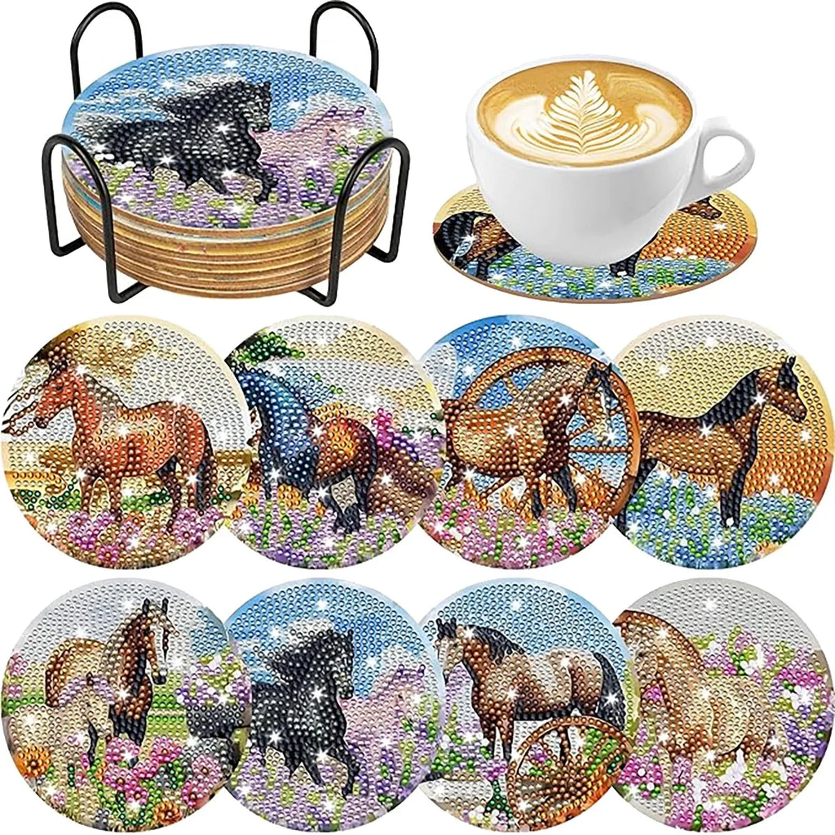 Diamond art coasters and holder set featuring various animal designs on a colorful background