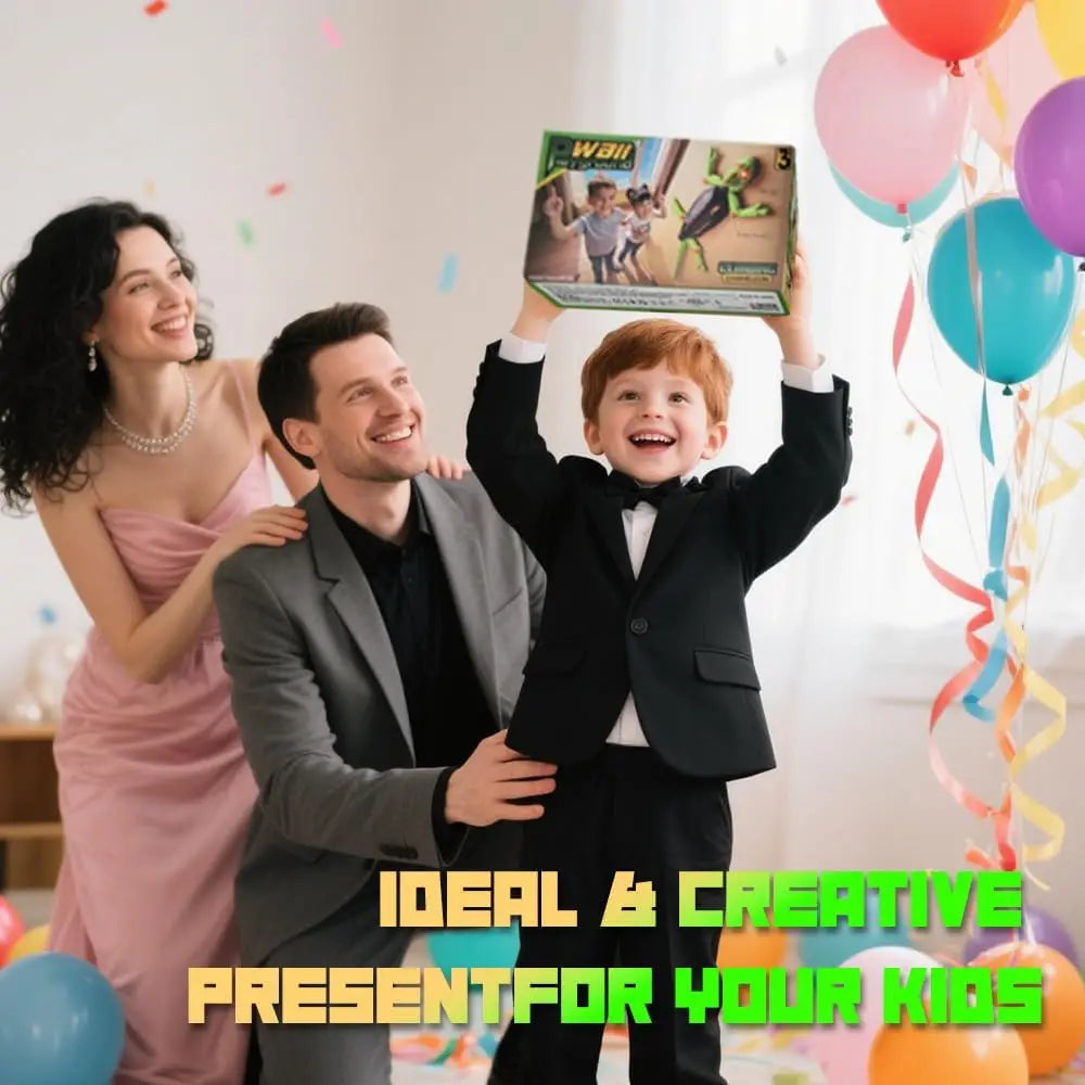 A smiling family of three, including a man and two children, holding a box of a remote control wall-climbing lizard robot toy