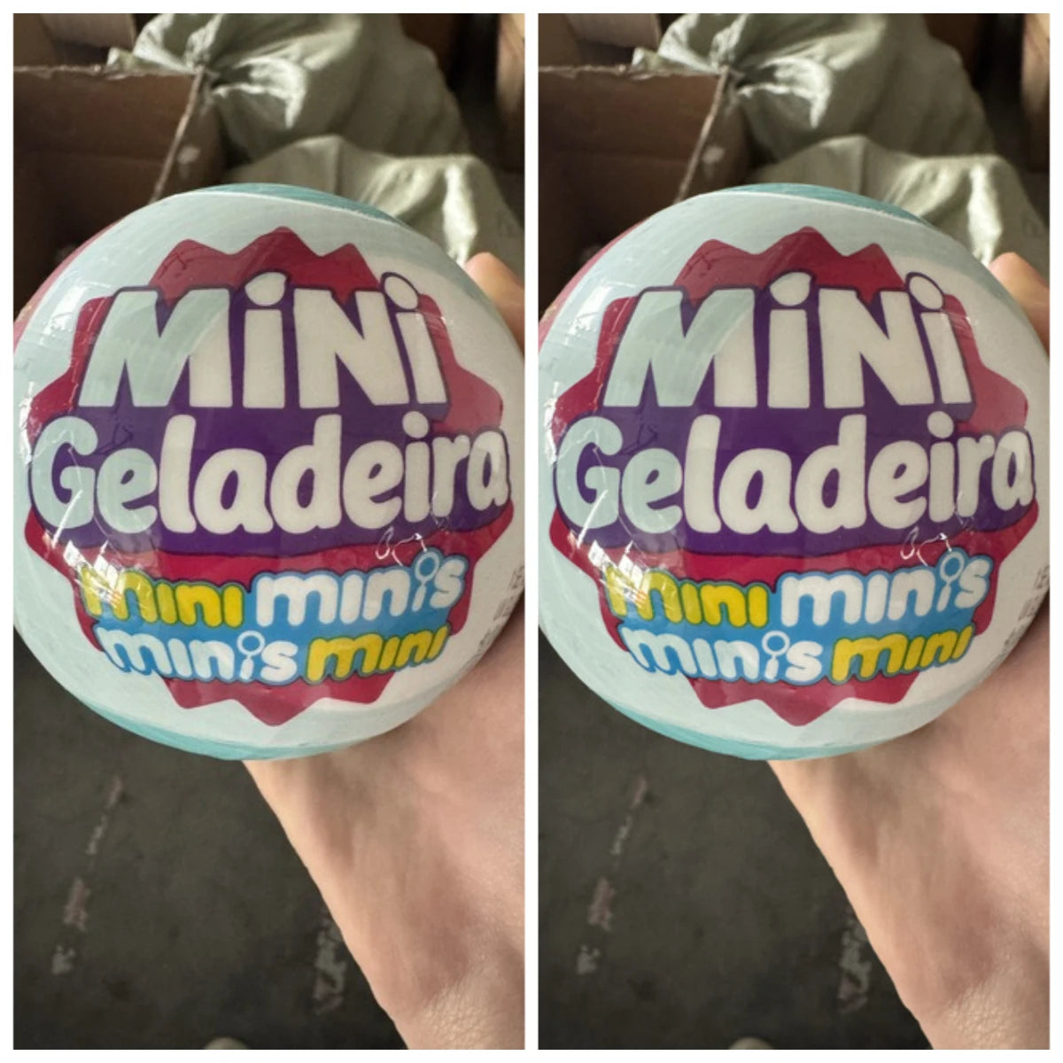 A close-up of a Mini Geladeira toy with colorful labels and packaging details.