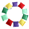 A circular arrangement of ten mini bean bags in various colors including yellow, green, red, purple, and light green.