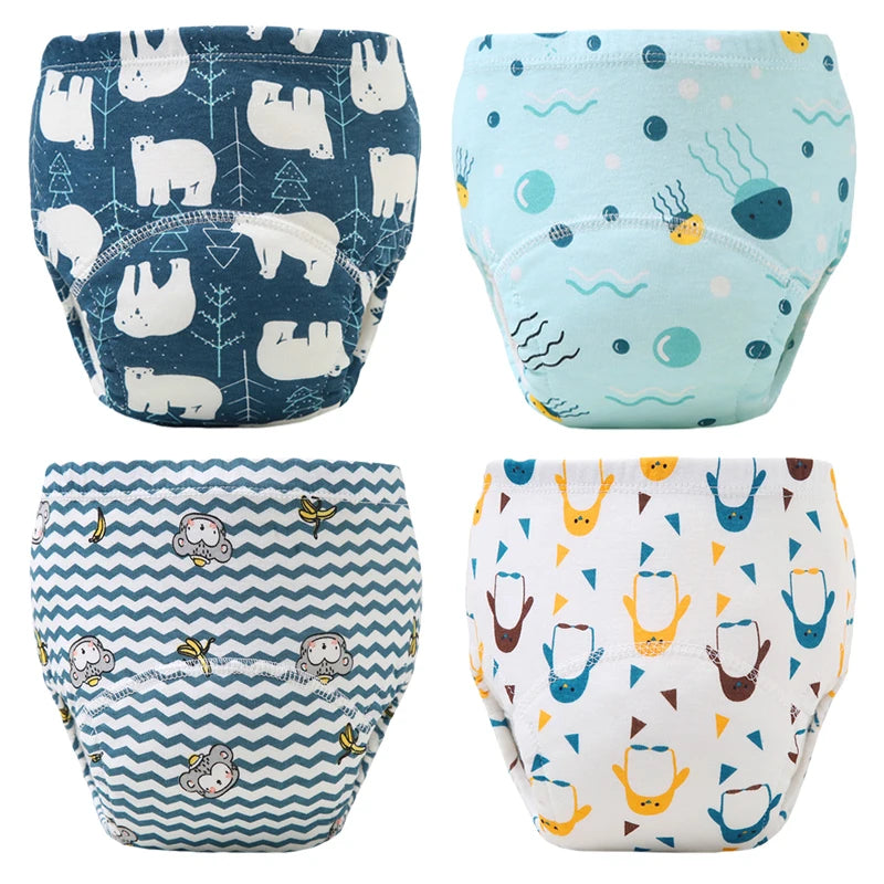 A set of four reusable cotton potty training pants for toddlers featuring various patterns and colors.