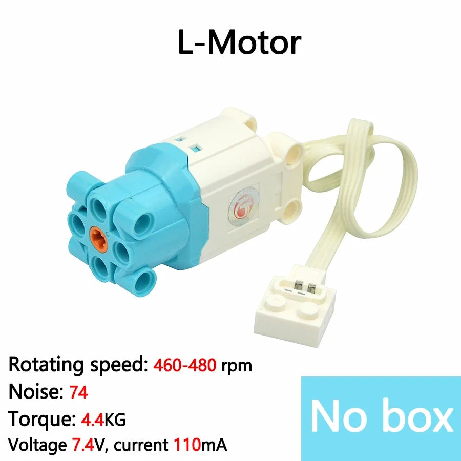 L-Motor is a white and blue motor with a cord, rated for 460-480 rpm, 4.4KG torque, and 7.4V.