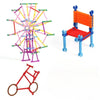 A collection of colorful stick building blocks, including a spherical structure and a red bicycle model.