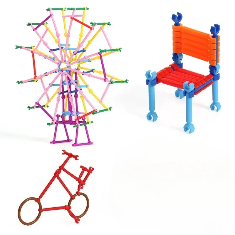 A collection of colorful stick building blocks, including a spherical structure and a red bicycle model.