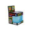 A box of a cube squeeze ball toy with colorful cubes and a blue squish inside.