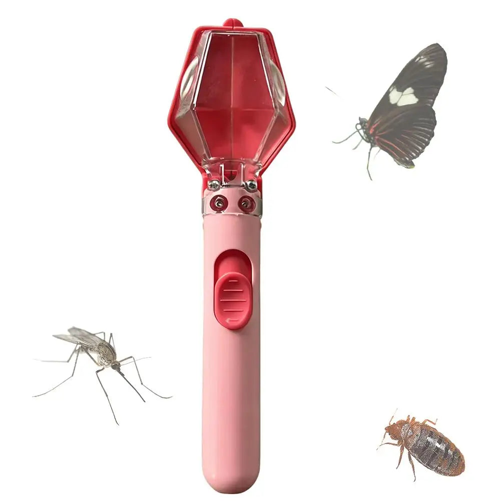 A pink kids bug catcher with a magnifying viewer is shown next to a butterfly and an insect.
