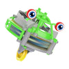 A green and gray gyroscopic unicycle fingertip spinner with large red and blue eyes.