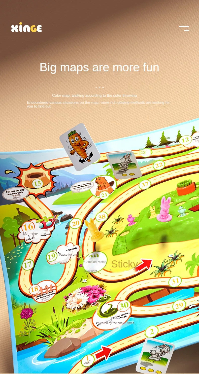 A colorful board game featuring a winding track and various cards for a rabbit trap puzzle game.