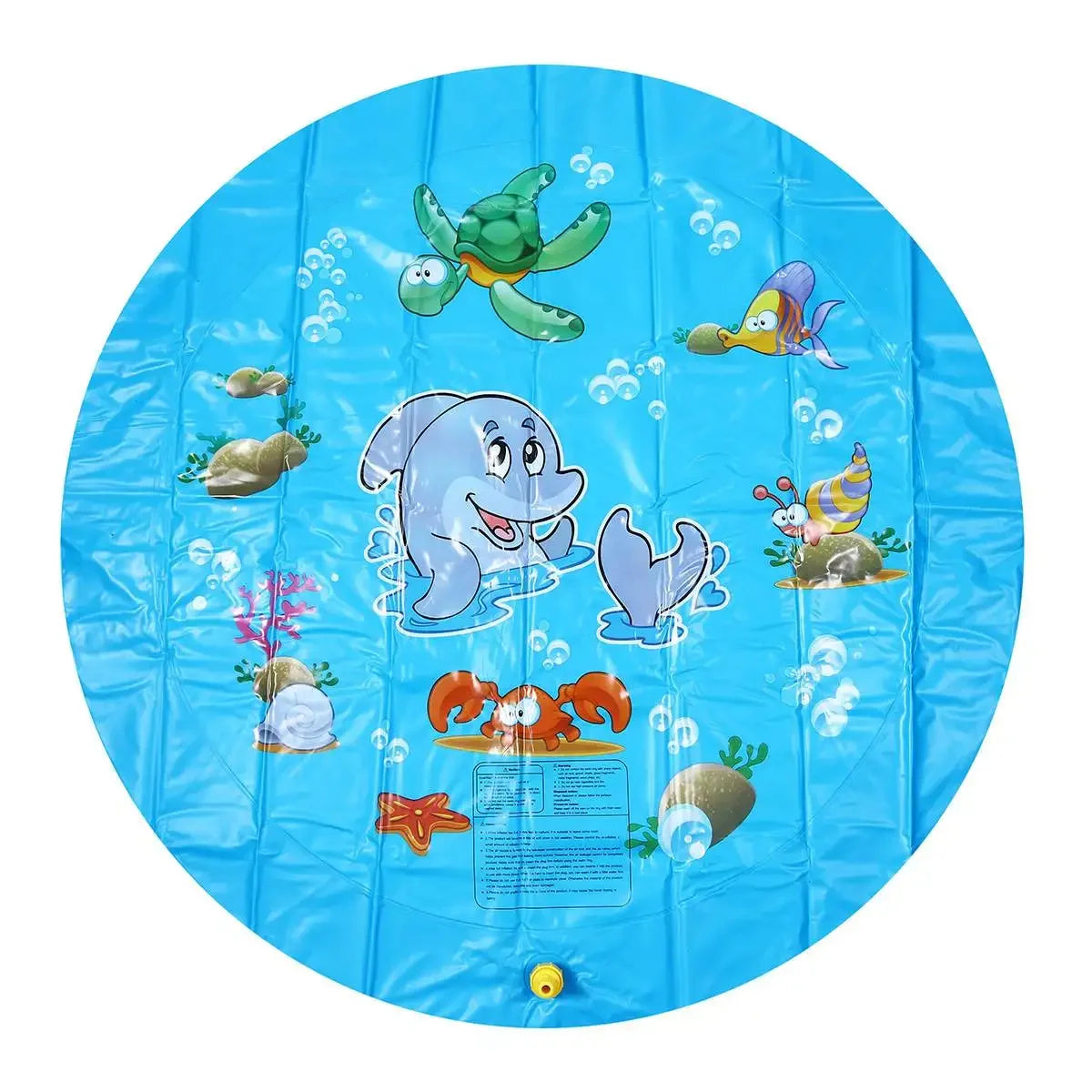 Blue inflatable kids water splash pad play mat featuring sea creatures like a green turtle and yellow fish.