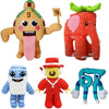 Collection de peluches de dessins animés mignonnes, y compris un éléphant, un personnage bleu et un personnage rouge.