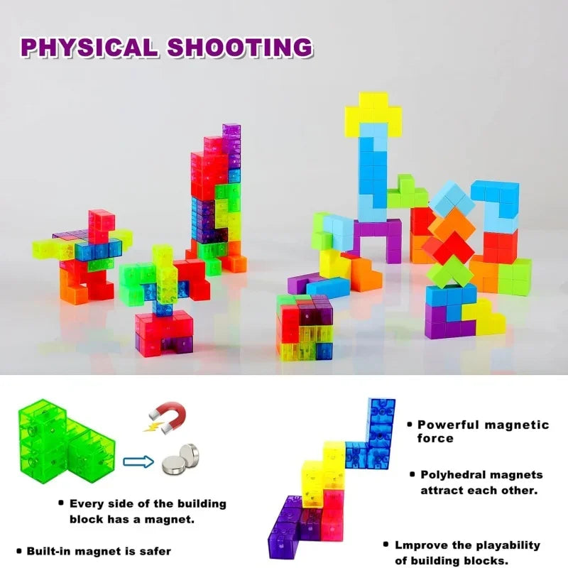 Colorful magnetic building blocks stacked and arranged in various shapes and colors.
