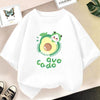 White t-shirt featuring a cute avocado and lemon graphic print on the chest