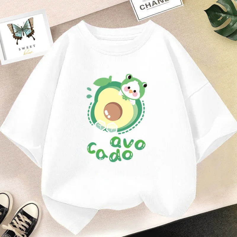 White t-shirt featuring a cute avocado and lemon graphic print on the chest