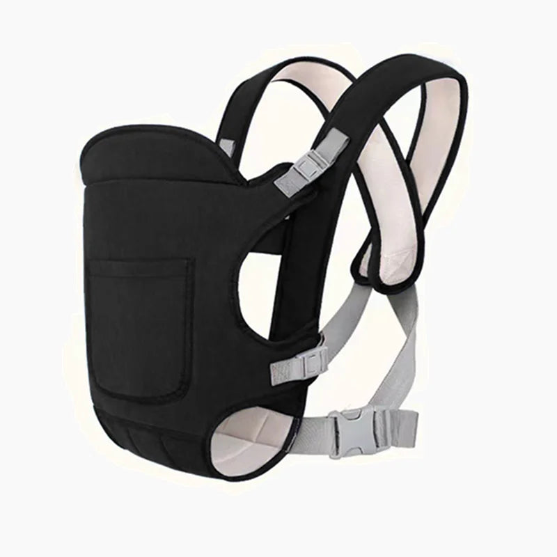 Black all-season multi-position baby carrier sling with padded straps and a storage pocket