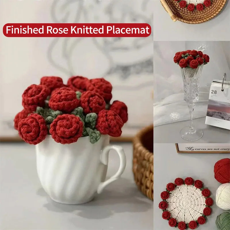 Finished rose knitted placemat featuring deep red and green floral accents.