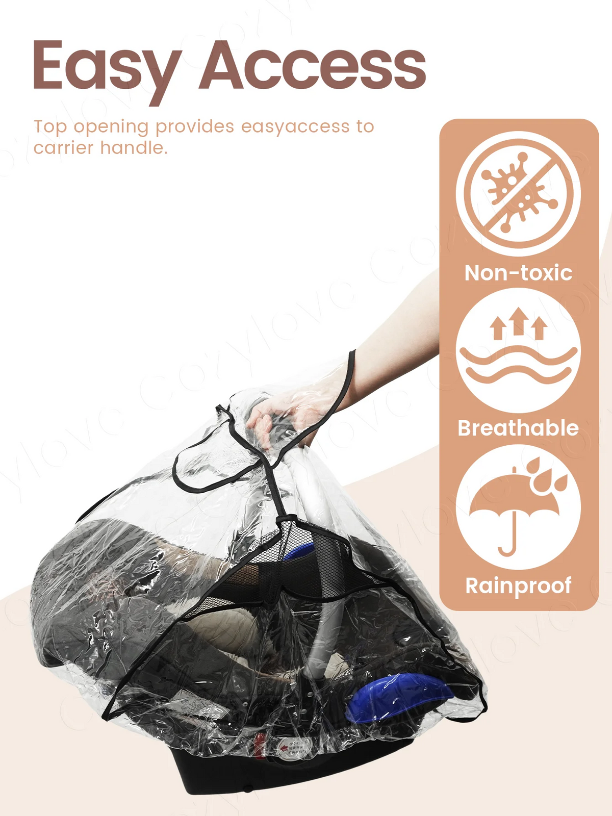 A hand is opening a clear waterproof rain cover for a stroller, showing its easy access design.