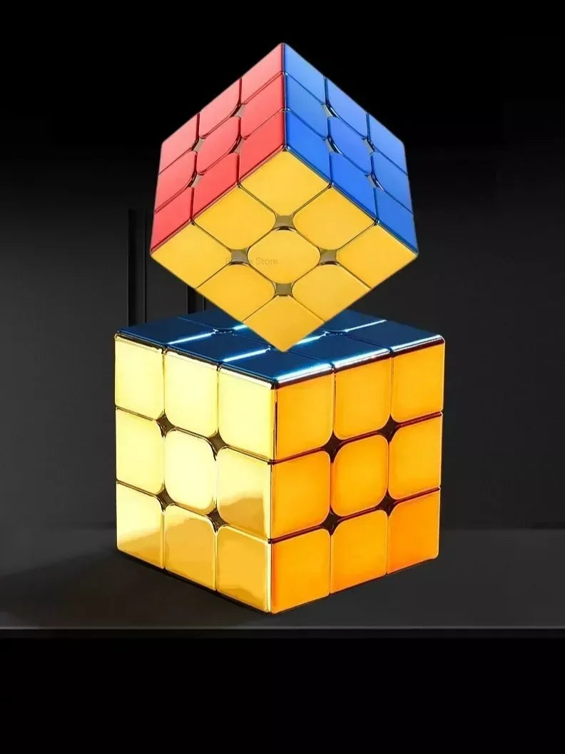 A magnetic 3D puzzle speed cube with a geometric shape, featuring red, orange, yellow, and blue facets.