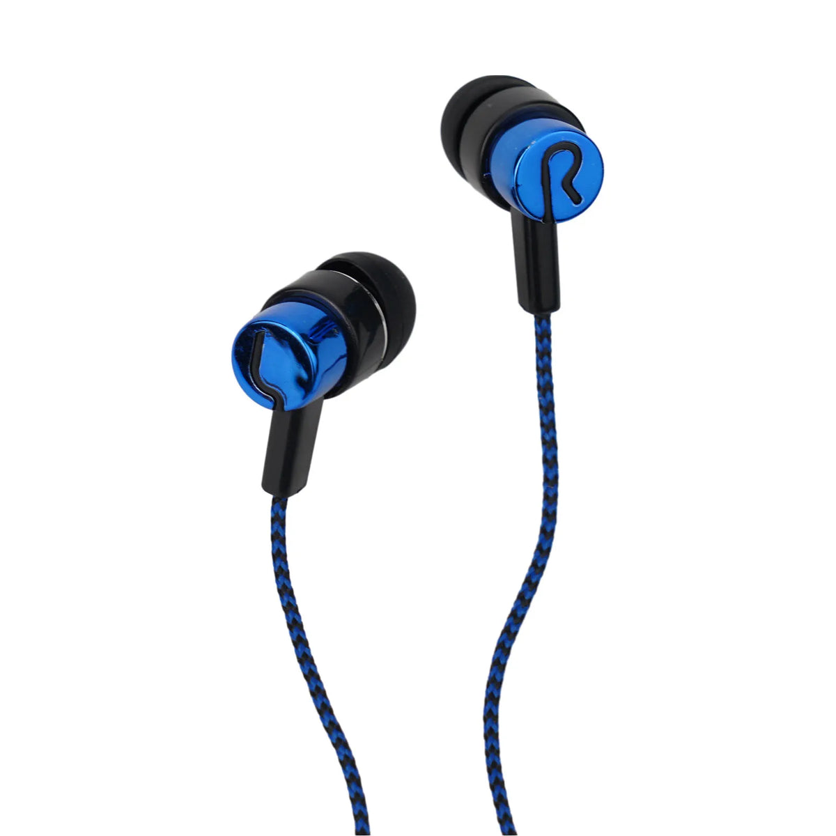 A pair of black in-ear wired earbuds with blue accents and a coiled cord.