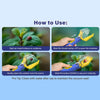 Instructions showing how to use a handheld insect catcher by spotting an insect and sliding a thumb button to open the chambe