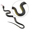 A dark rubber snake with a red tip is shown coiled and extended.