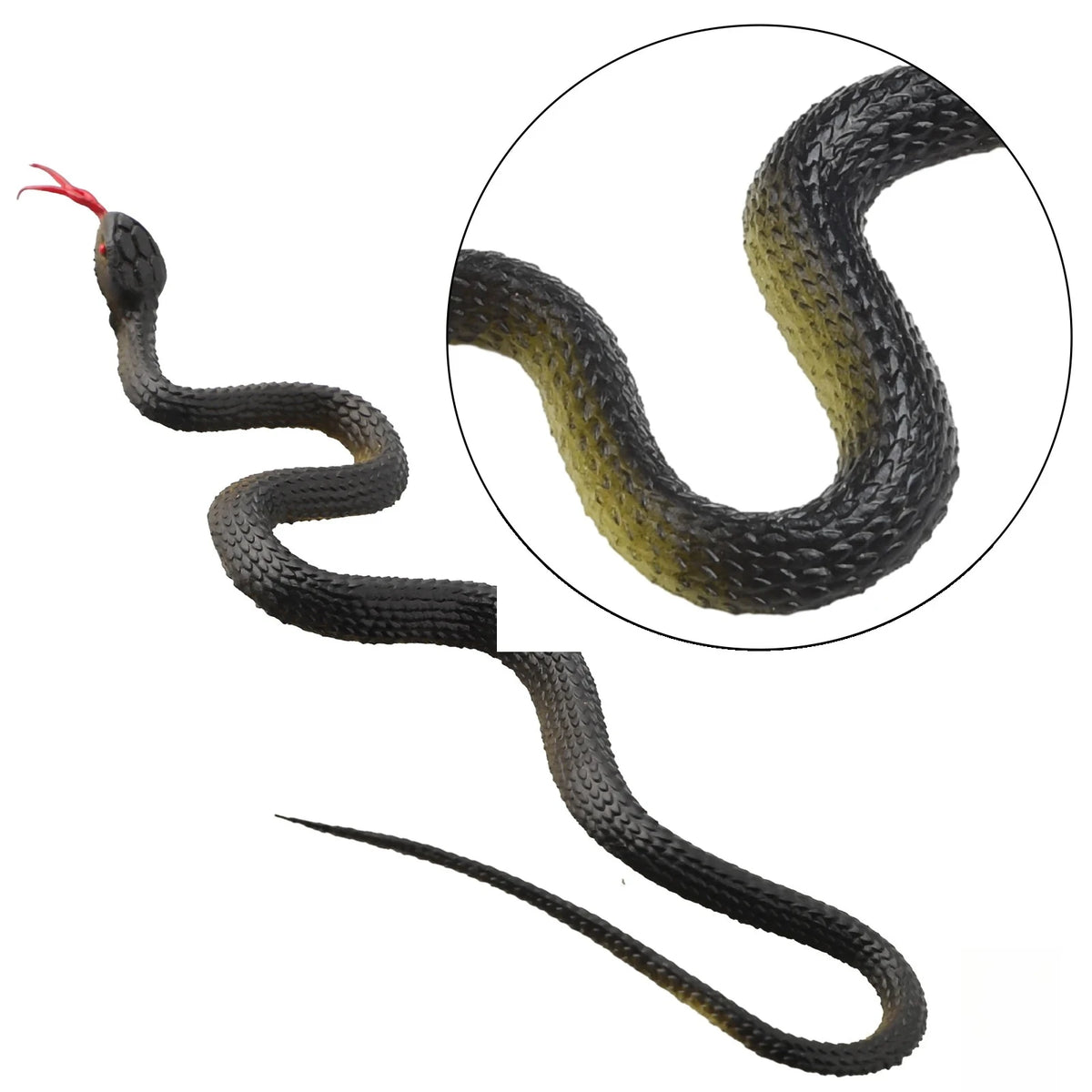 A dark rubber snake with a red tip is shown coiled and extended.
