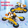 A yellow and white transforming stunt car is shown rotating with blue lights on a light blue background.