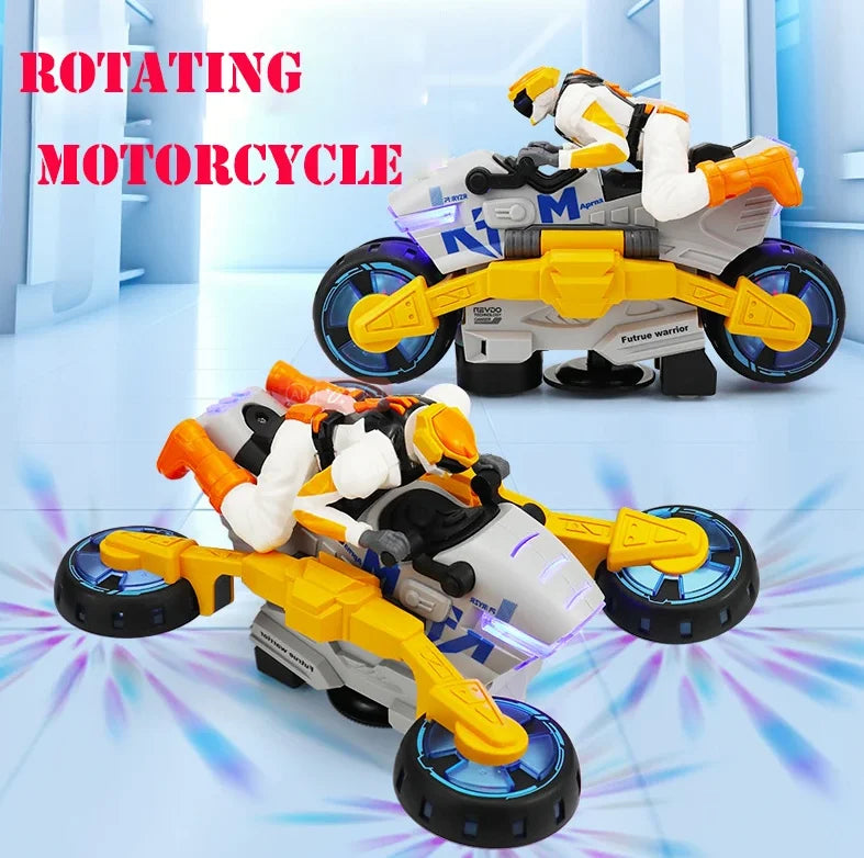 A yellow and white transforming stunt car is shown rotating with blue lights on a light blue background.