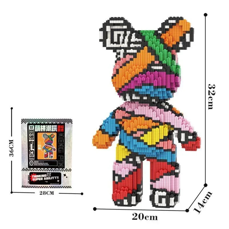 A colorful 3D bear building kit made of micro diamond blocks with a scale reference.