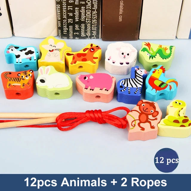 Wooden Animal & Fruit Threading Beads Set for Toddlers