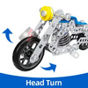 A close-up view of a metal building motorcycle construction kit showing the head turn mechanism.